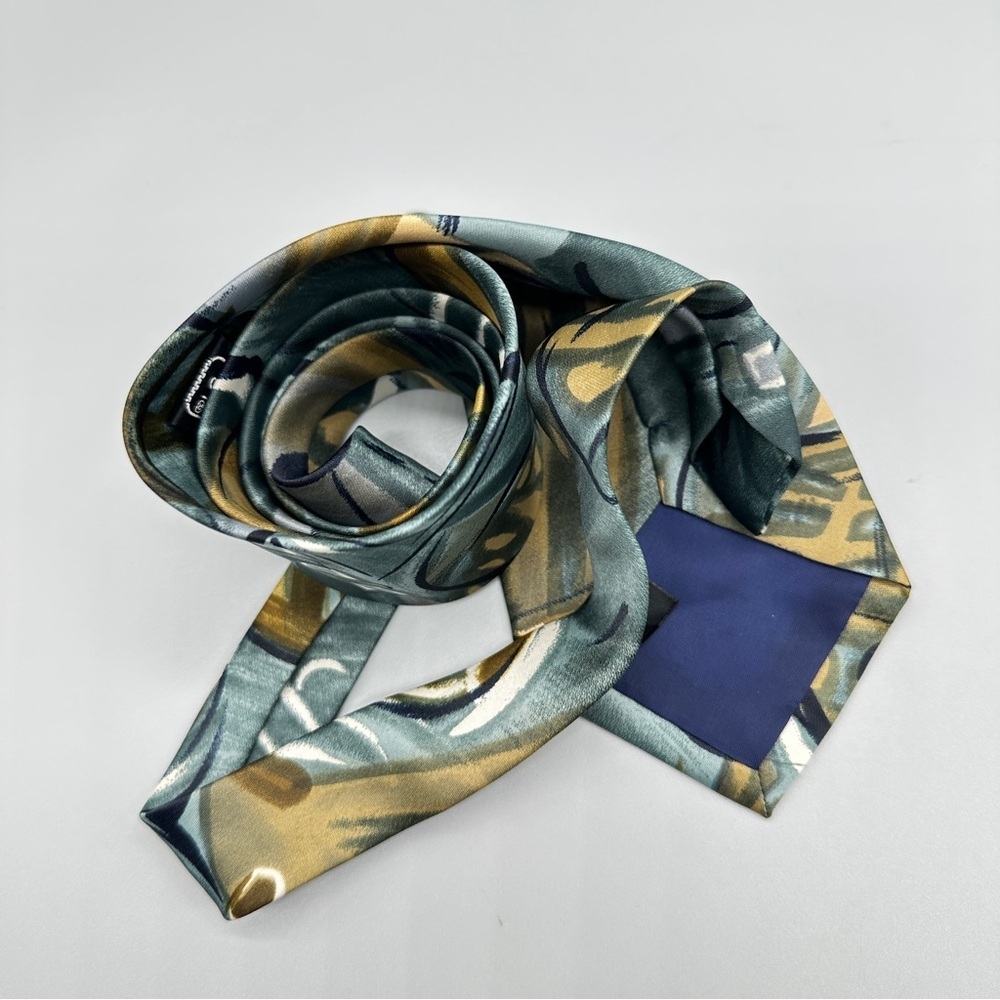 Vintage Marquis Abstract Print Tie – Teal Gold Gray Geometric Polyester Necktie - Picture 5 of 5
